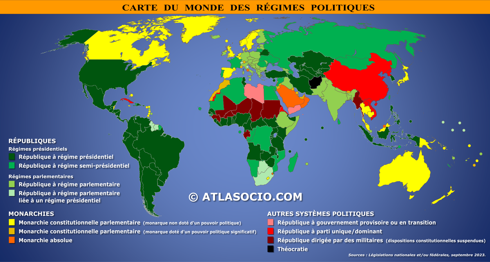 Carte du monde relative aux régimes politiques par État souverain