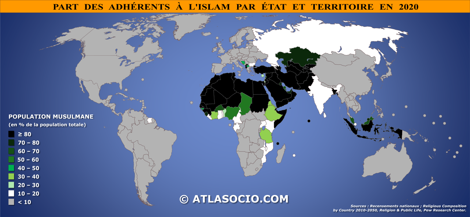 Carte du monde relative à la part des adhérents à l'islam par État en 2020 (%)