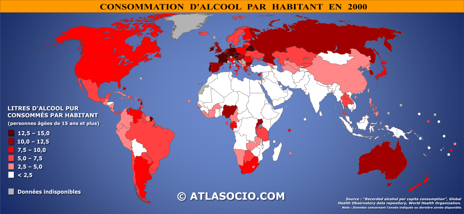 Carte du monde relative à la consommation d'alcool par habitant en 2000