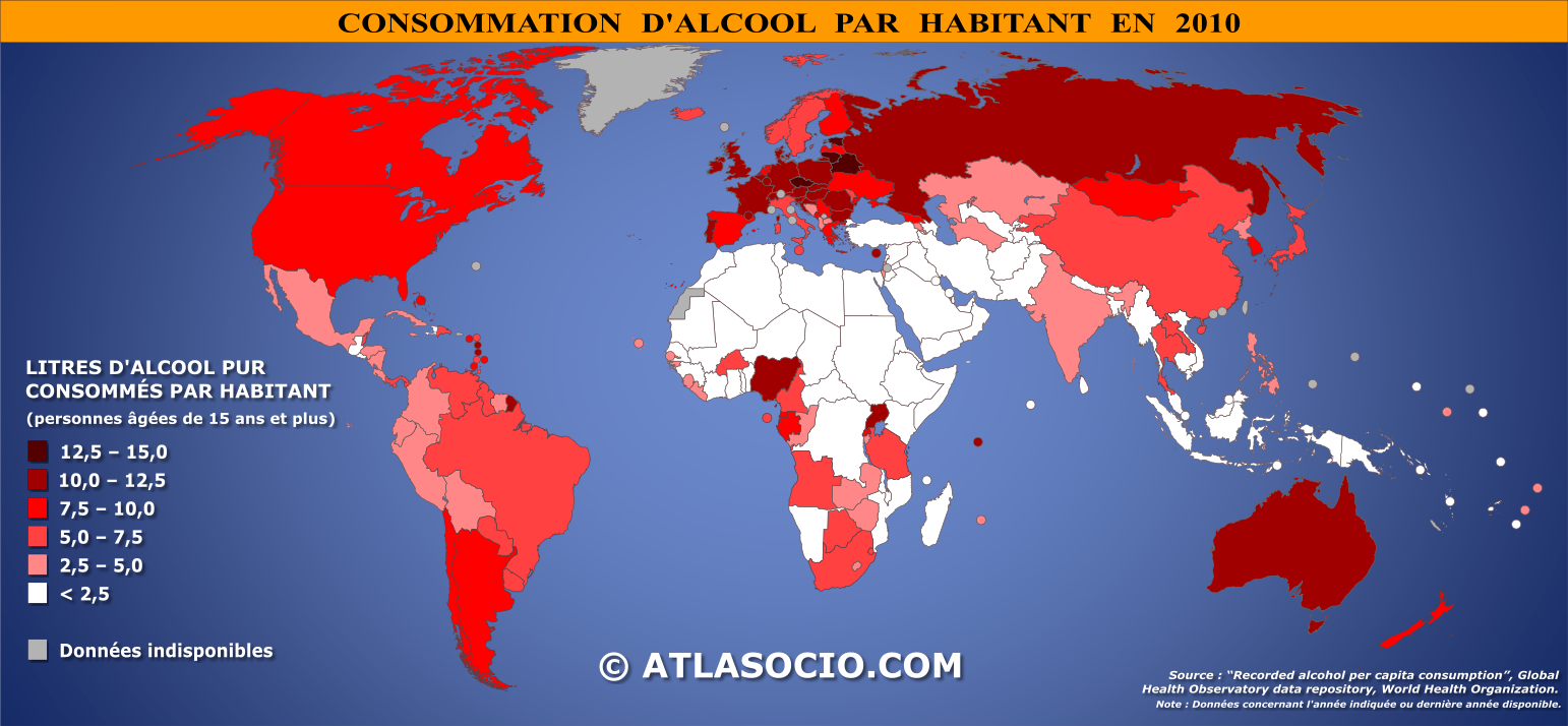 Carte du monde relative à la consommation d'alcool par habitant en 2010