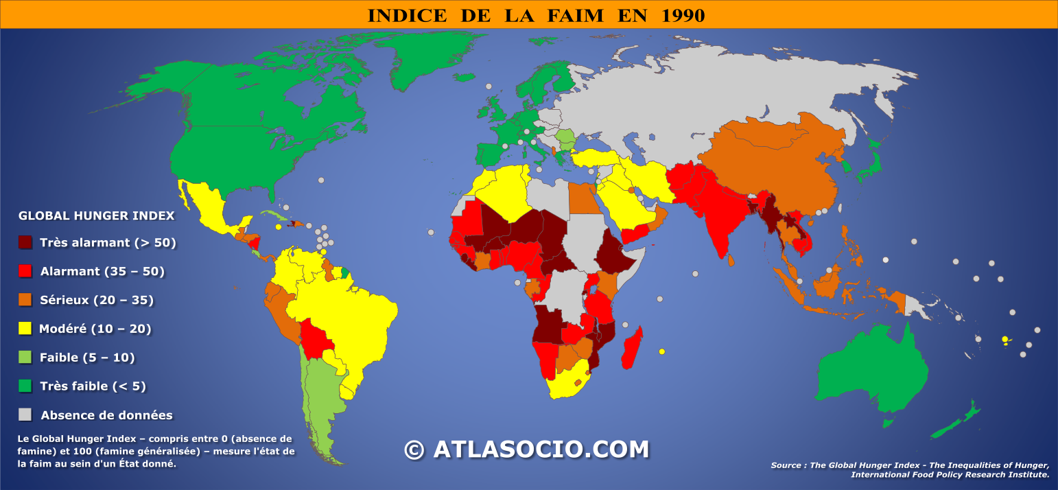 Carte du monde relative à l'indice de la faim par État en 1990