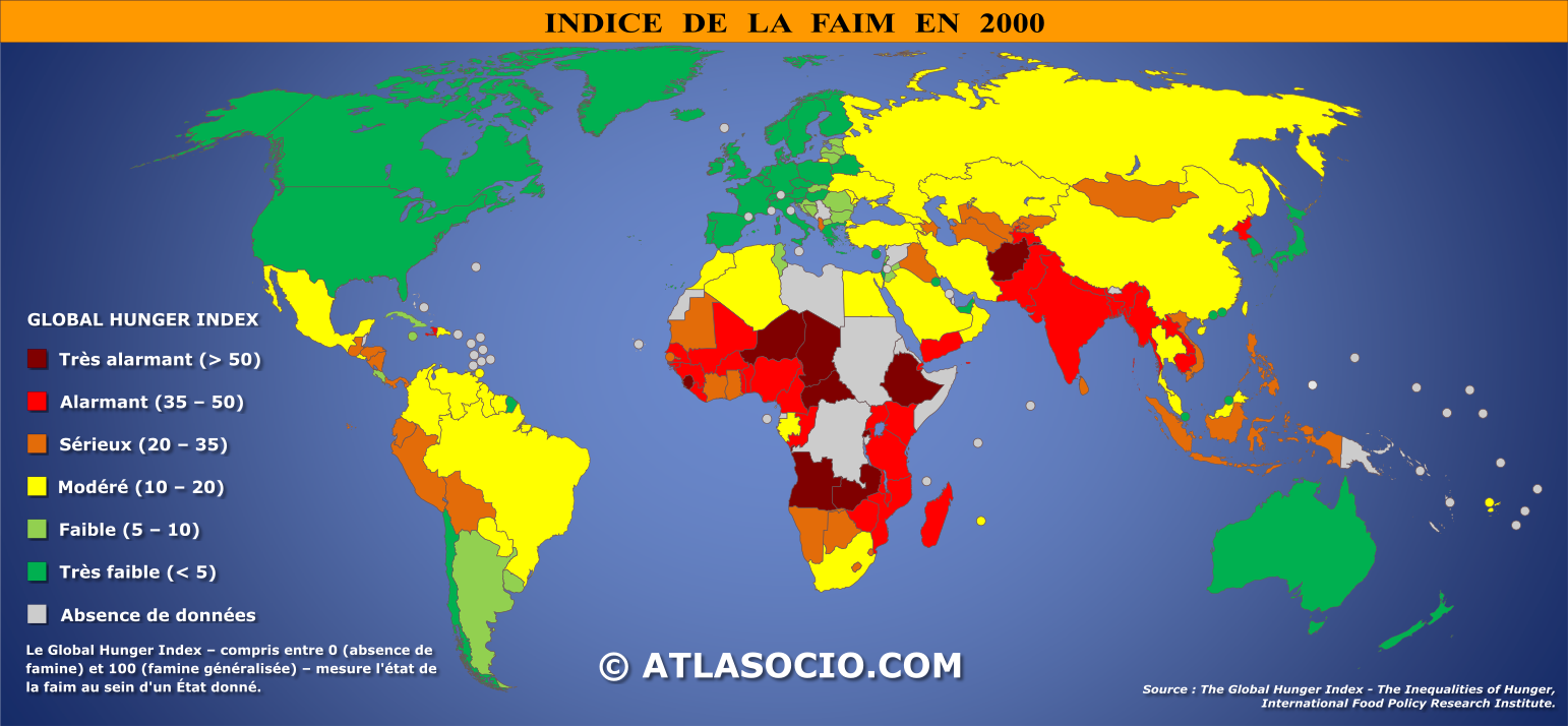 Carte du monde relative à l'indice de la faim par État en 2000