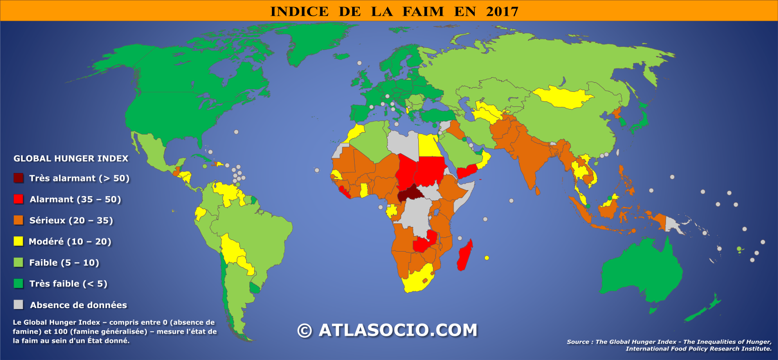 Carte du monde par indice de la faim en 2017.