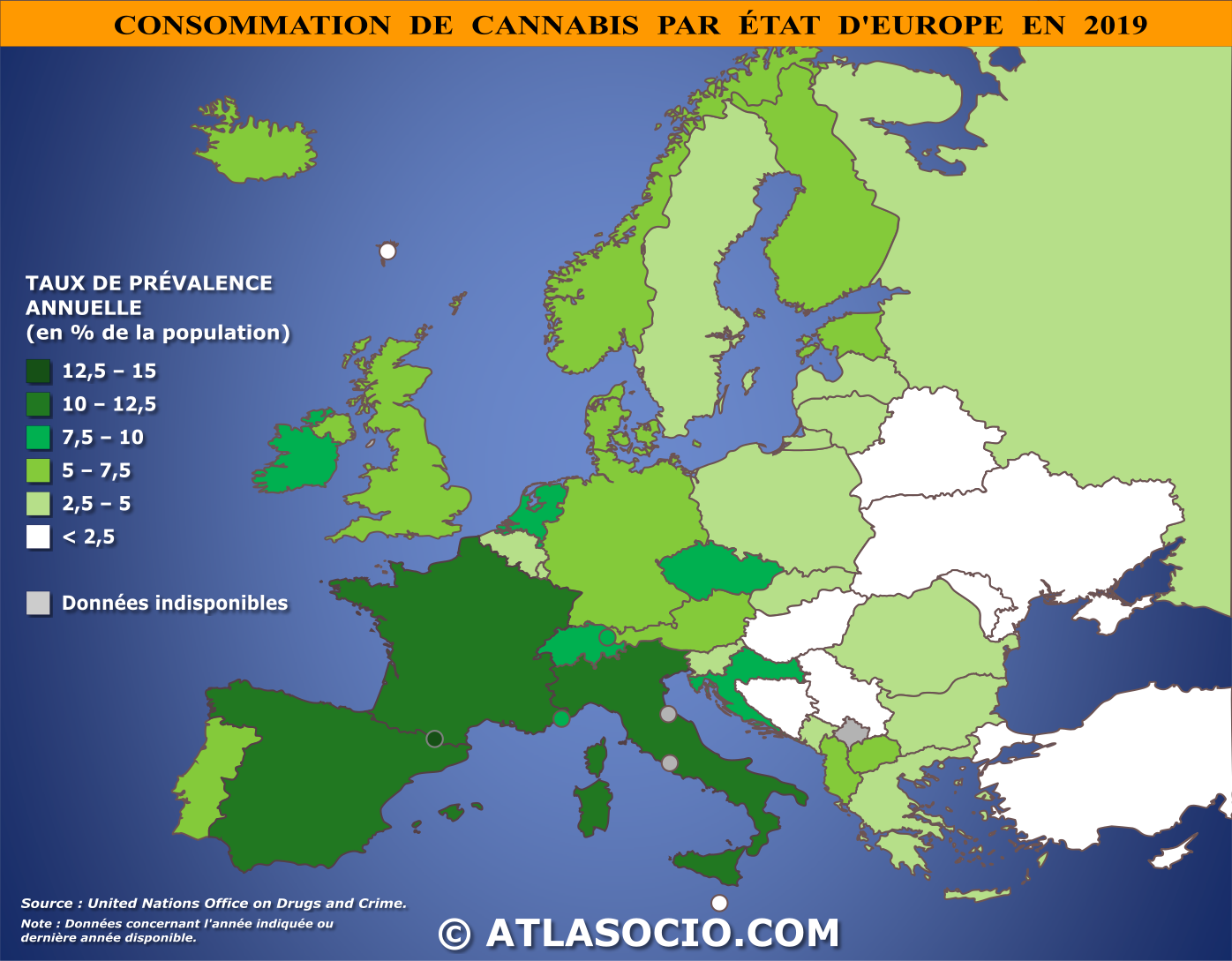 Carte d'Europe relative à la consommation de cannabis par État (% population) en 2019