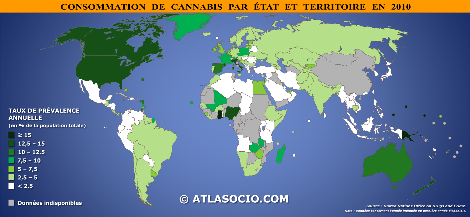 Carte du monde relative à la consommation de cannabis par État (% population) en 2010