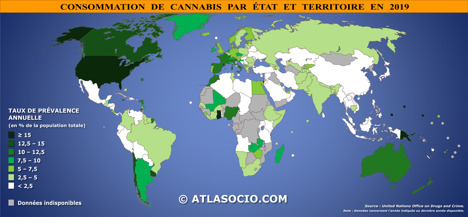 Carte du monde relative à la consommation de cannabis par État (% population) en 2019