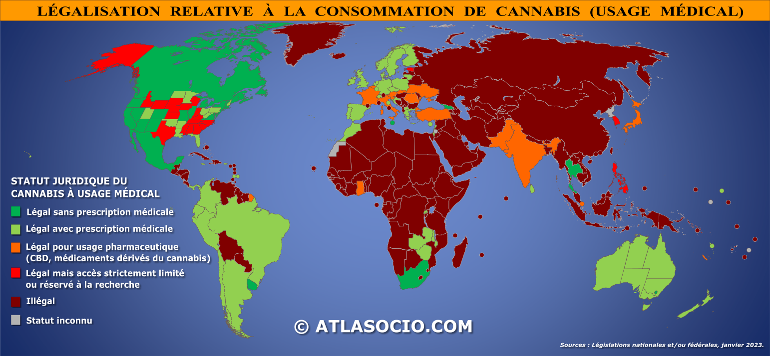 Carte du monde selon le statut juridique relatif à la consommation de cannabis à des fins médicales par État