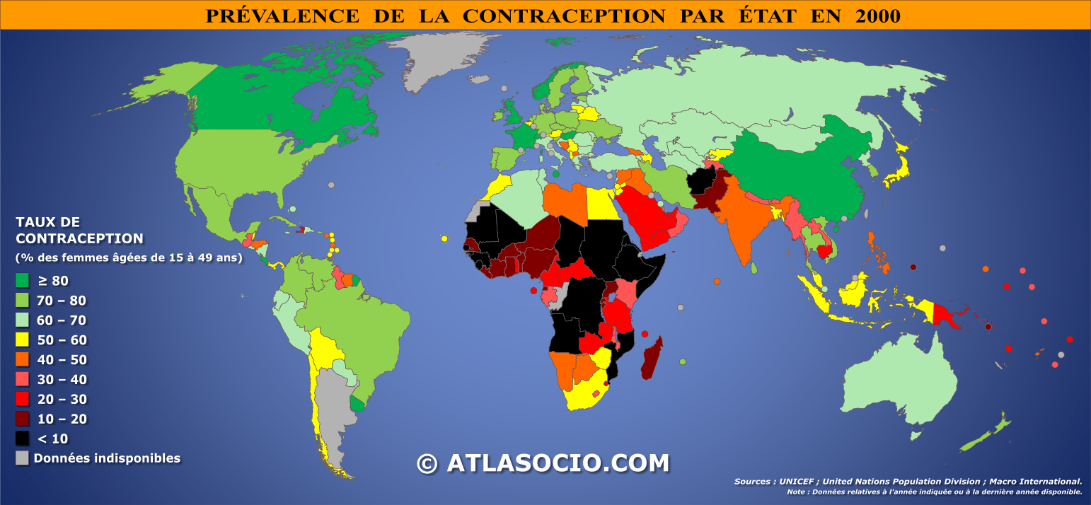 Carte du monde relative à la prévalence de la contraception en 2000 (% population féminine)