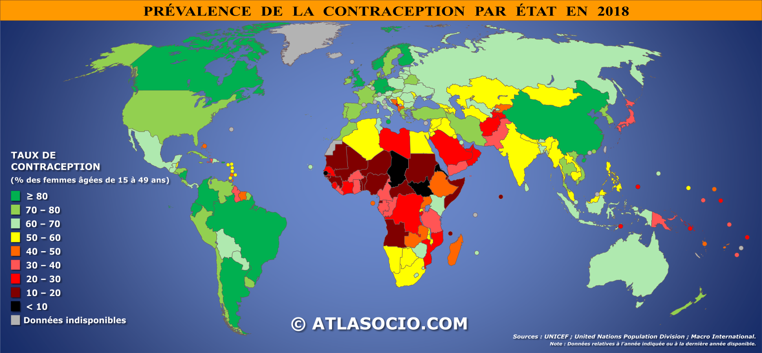 Carte du monde relative à la prévalence de la contraception en 2018 (% population féminine)