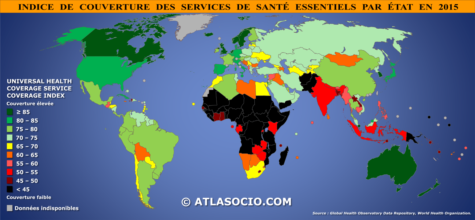 Carte du monde relative à l'indice de couverture des services de santé essentiels par État en 2015
