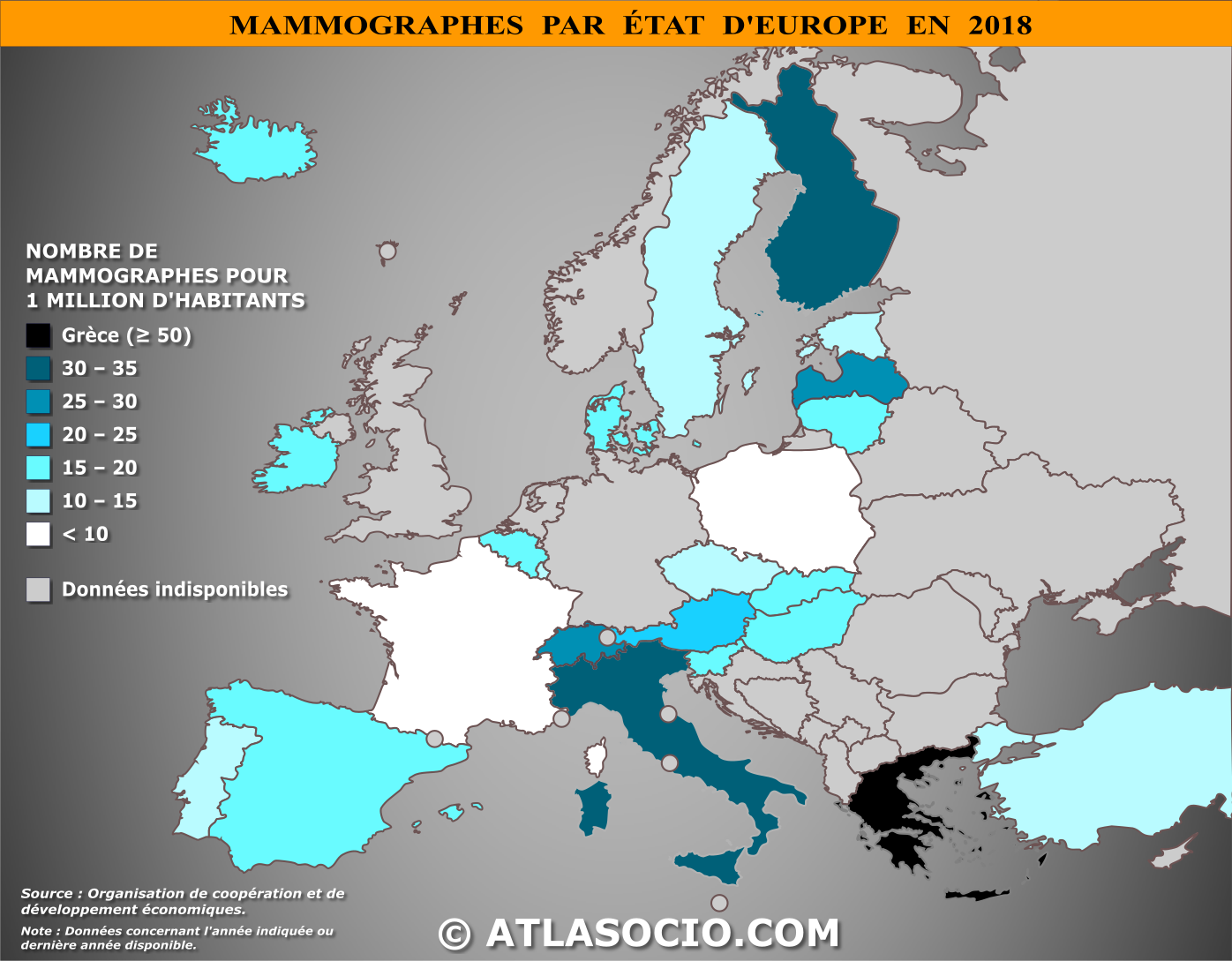 Carte d'Europe relative au nombre de mammographes pour 1 million d'habitants par État en 2018