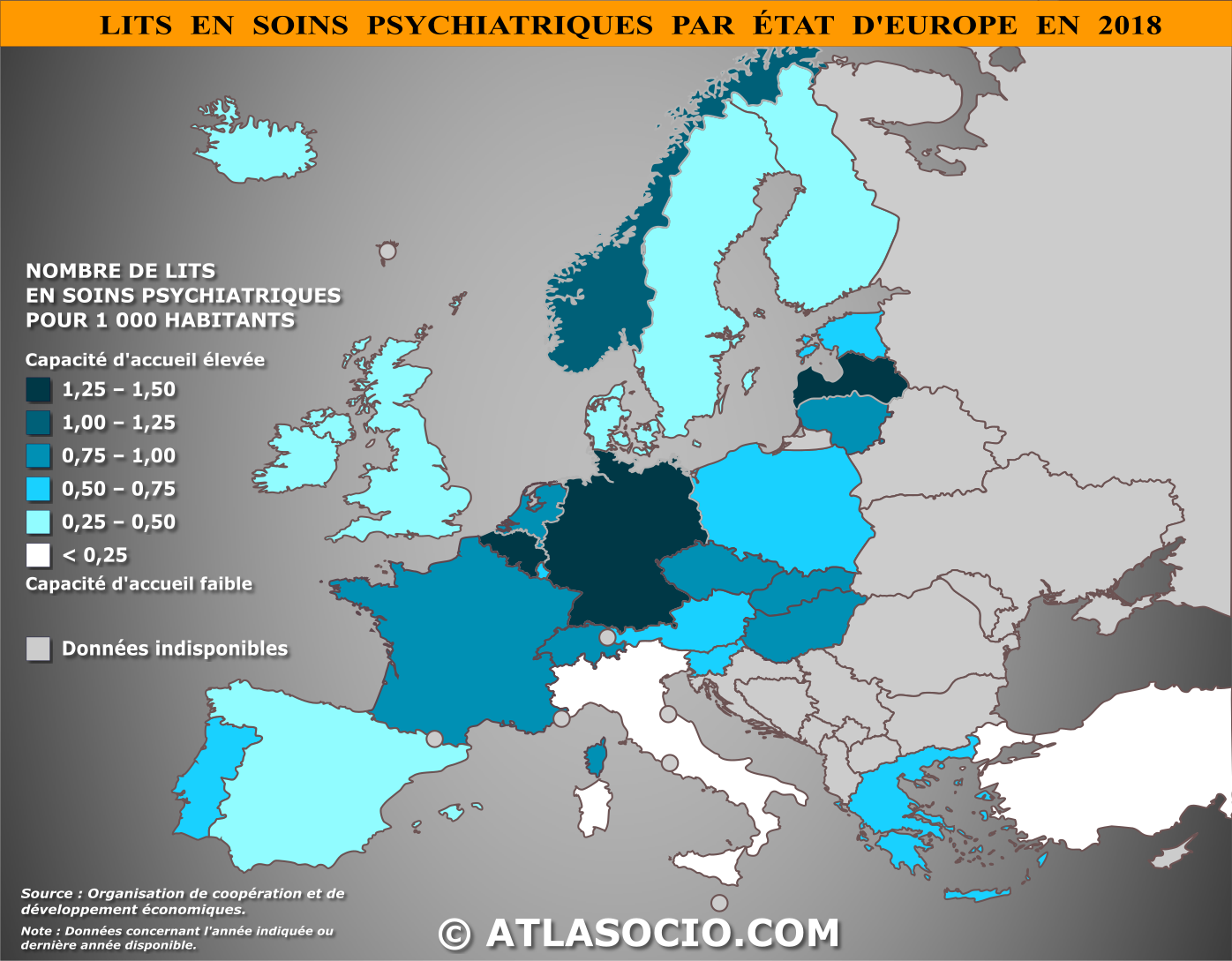 Carte d'Europe relative au nombre de lits en soins psychiatriques pour 1000 personnes par État en 2018