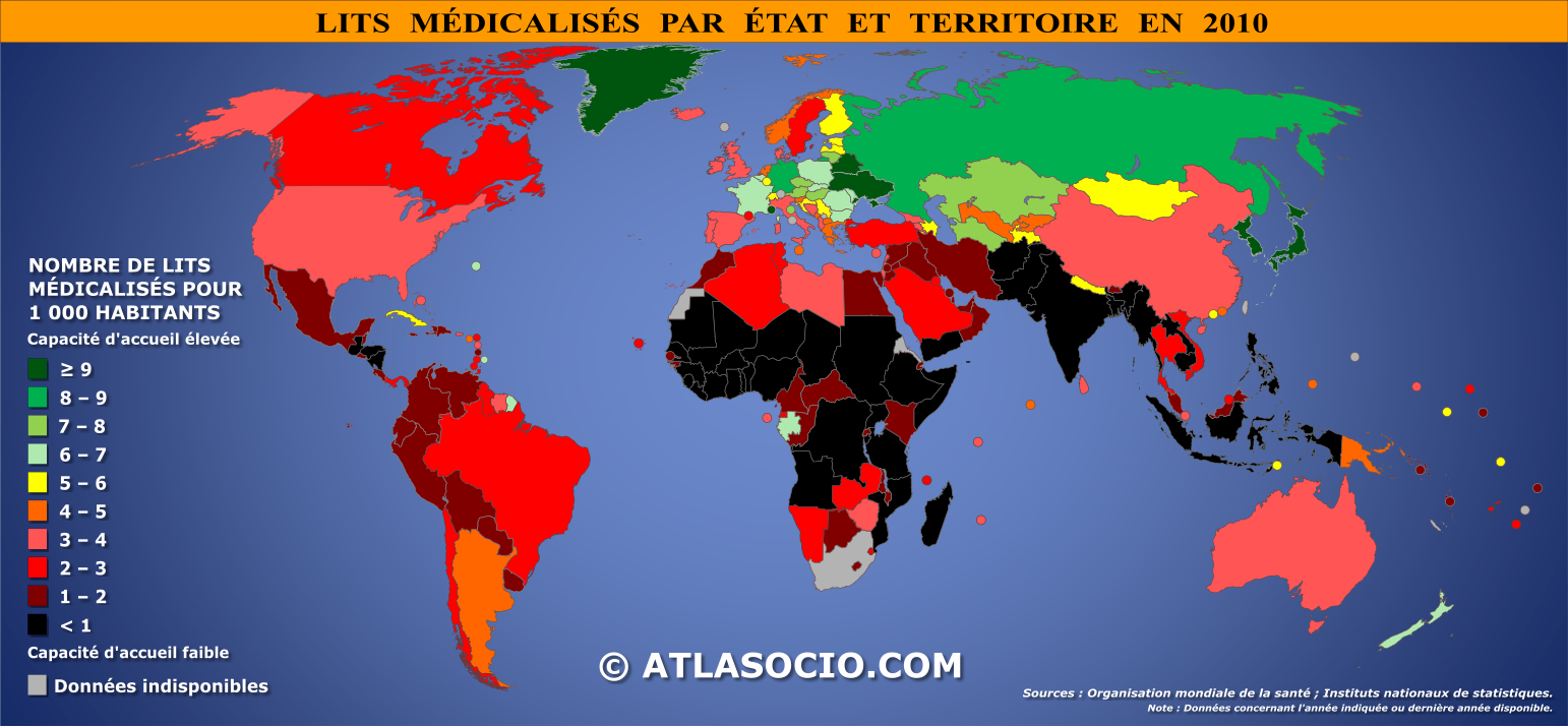 Carte du monde relative au nombre de lits médicalisés pour 1000 habitants par État en 2010