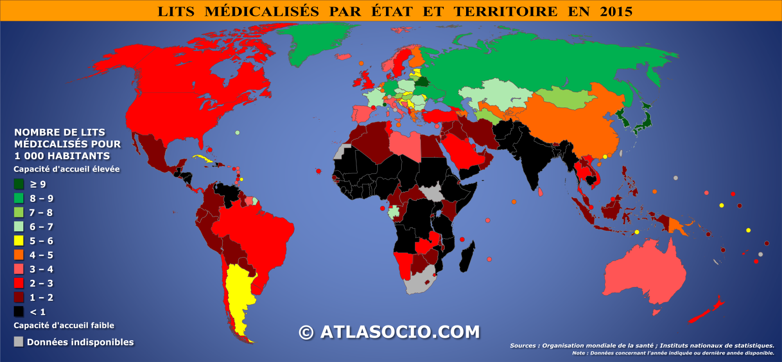 Carte du monde relative au nombre de lits médicalisés pour 1000 habitants par État en 2015