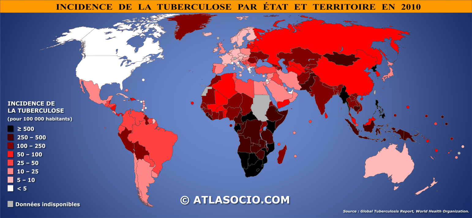 Carte du monde relative à l'incidence de la tuberculose par État en 2010