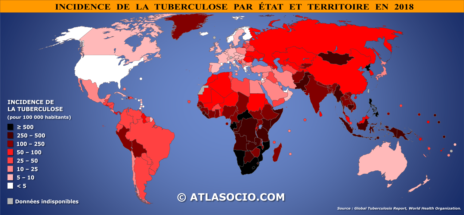 Carte du monde relative à l'incidence de la tuberculose par État en 2018