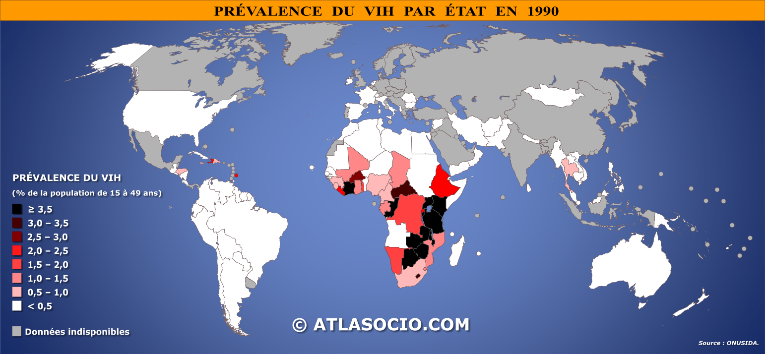 Carte du monde relatives à la prévalence du VIH par État en 1990