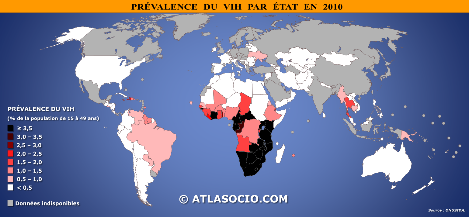 Carte du monde relatives à la prévalence du VIH par État en 2010