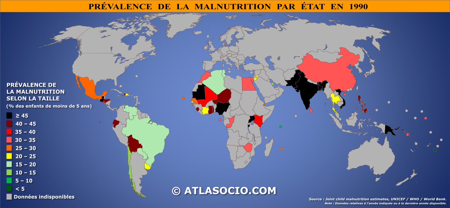 Carte du monde relative à la prévalence de la malnutrition des enfants de moins de cinq ans par État en 1990