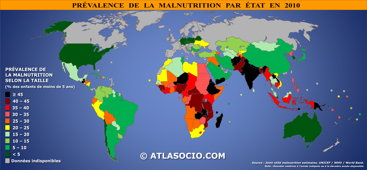 Carte du monde relative à la prévalence de la malnutrition des enfants de moins de cinq ans par État en 2010