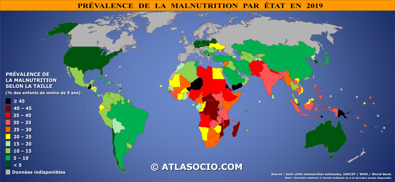 Carte du monde relative à la prévalence de la malnutrition des enfants de moins de cinq ans par État en 2019