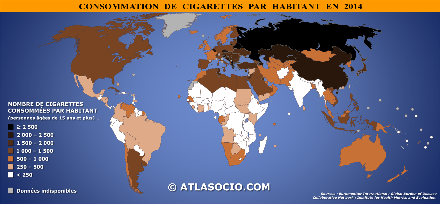 Carte du monde relative à la consommation de cigarettes par habitant en 2014