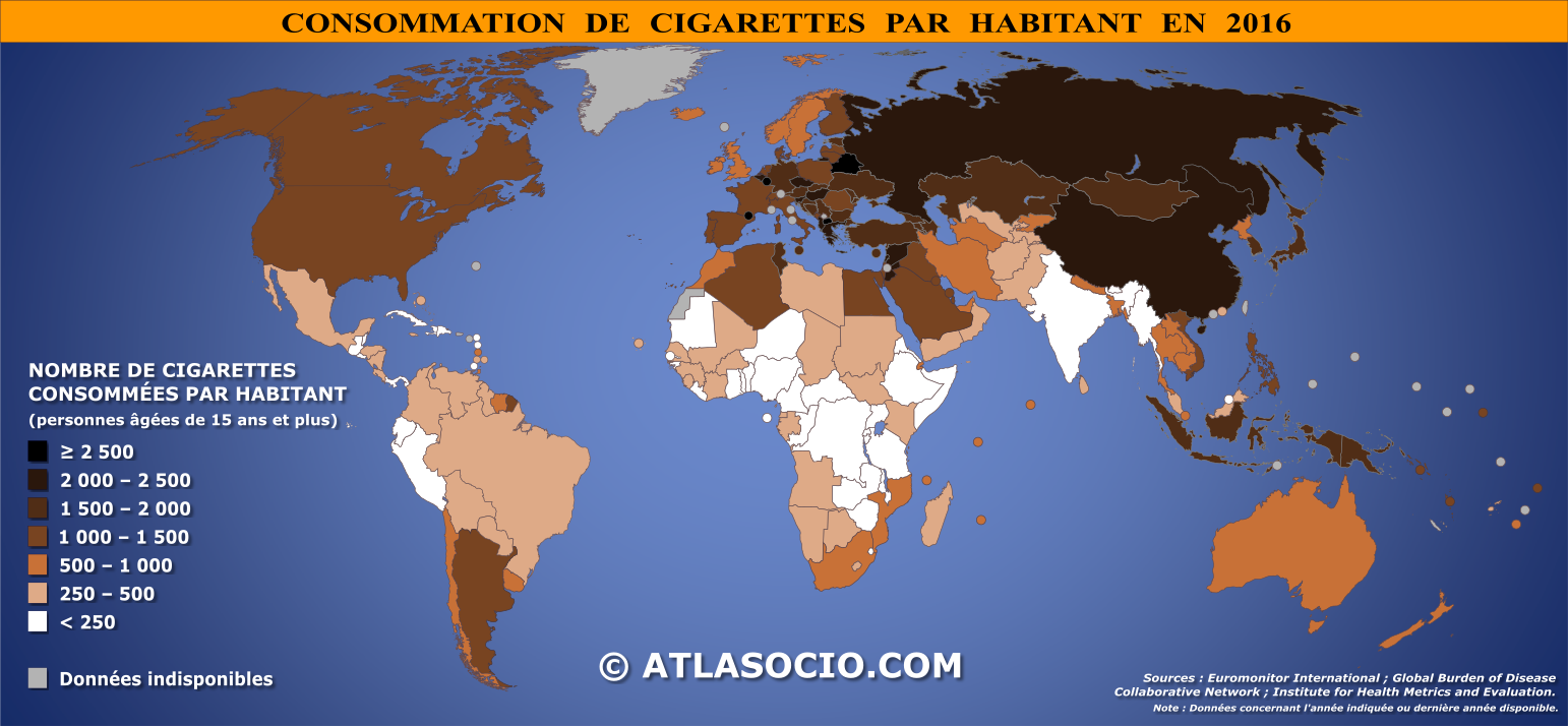 Carte du monde relative à la consommation de cigarettes par habitant en 2016