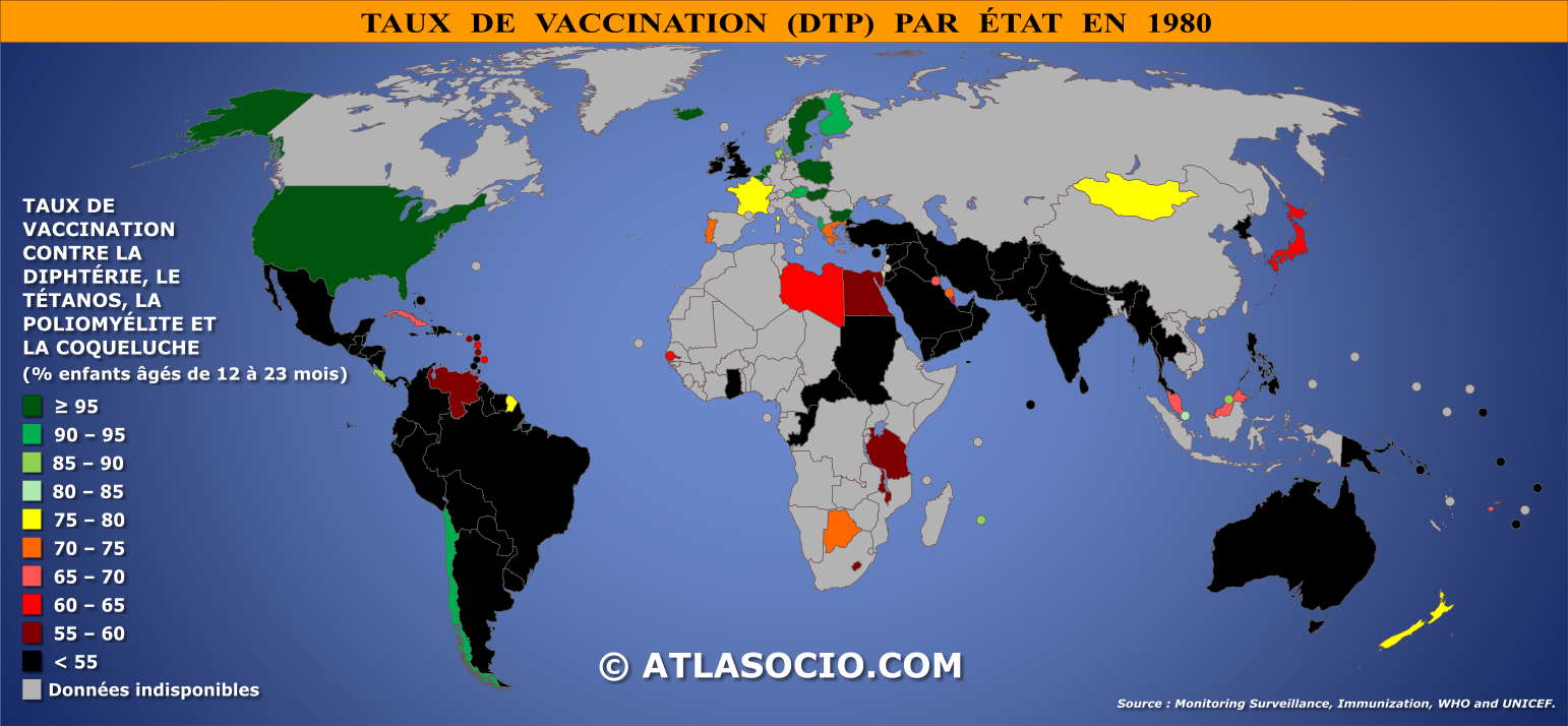 Carte du monde relative au taux de vaccination contre la diphtérie, le tétanos, la poliomyélite et la coqueluche par État en 1980