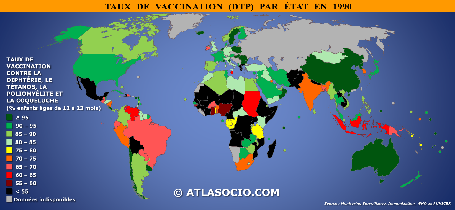 Carte du monde relative au taux de vaccination contre la diphtérie, le tétanos, la poliomyélite et la coqueluche par État en 1990