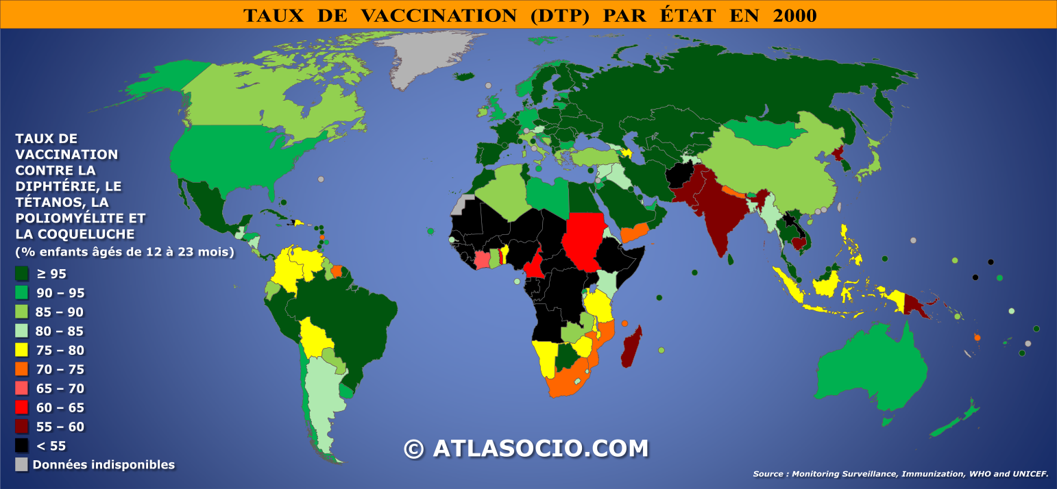 Carte du monde relative au taux de vaccination contre la diphtérie, le tétanos, la poliomyélite et la coqueluche par État en 2000