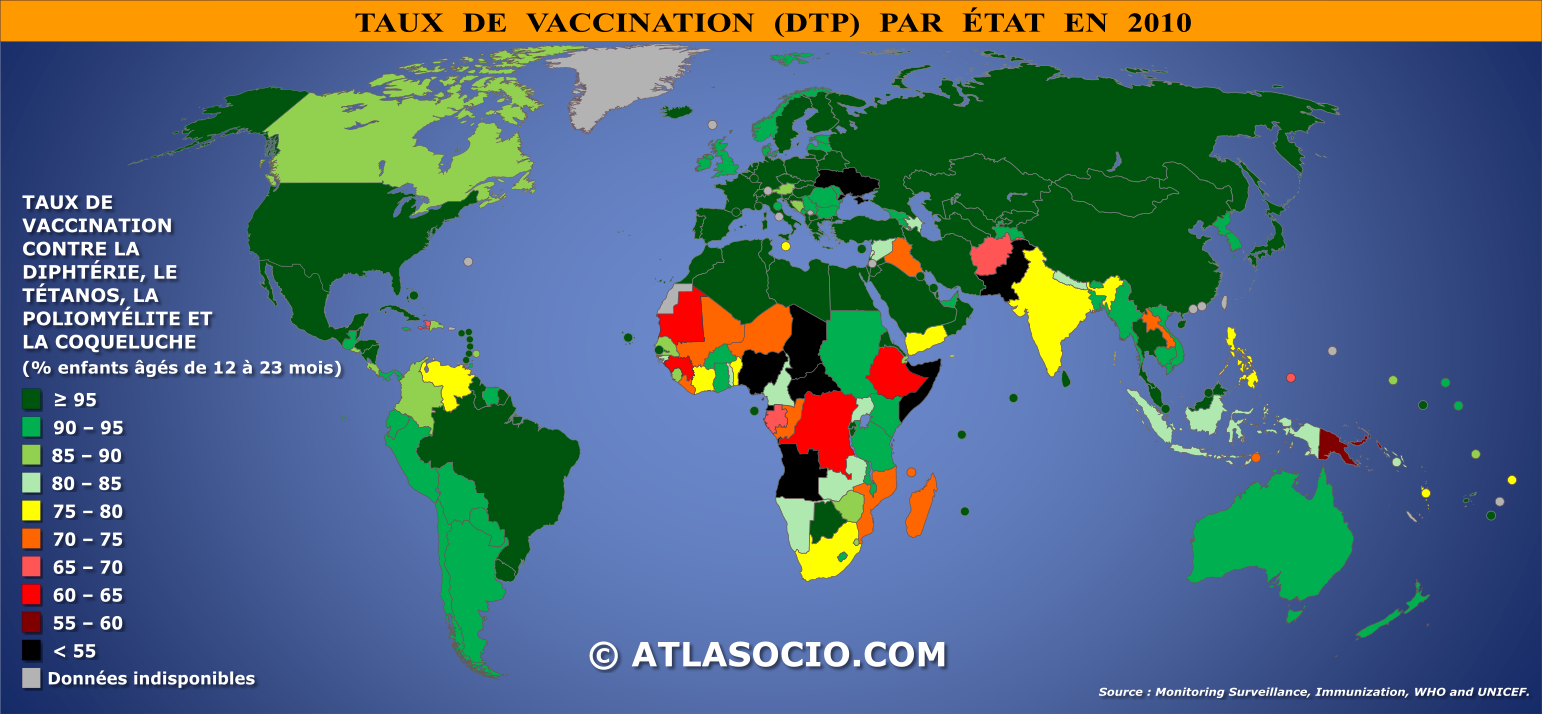 Carte du monde relative au taux de vaccination contre la diphtérie, le tétanos, la poliomyélite et la coqueluche par État en 2010