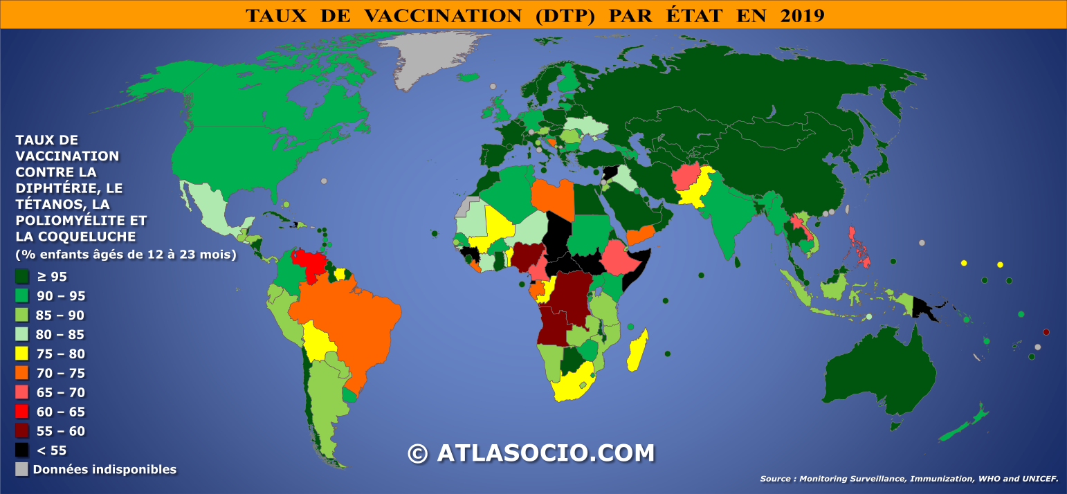 Carte du monde relative au taux de vaccination contre la diphtérie, le tétanos, la poliomyélite et la coqueluche par État en 2019