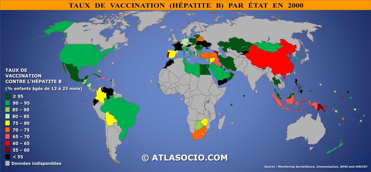 Carte du monde relative au taux de vaccination contre l'hépatite B par État en 2000
