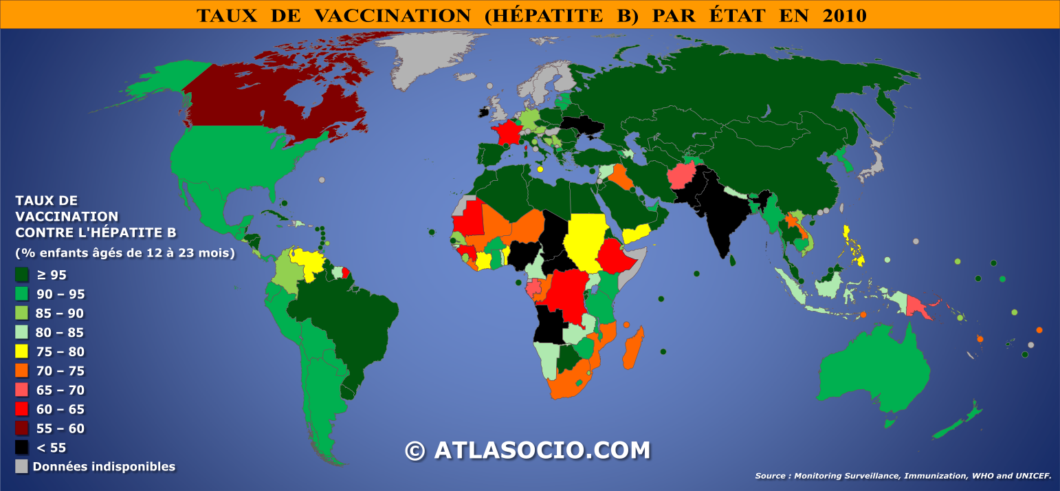 Carte du monde relative au taux de vaccination contre l'hépatite B par État en 2010