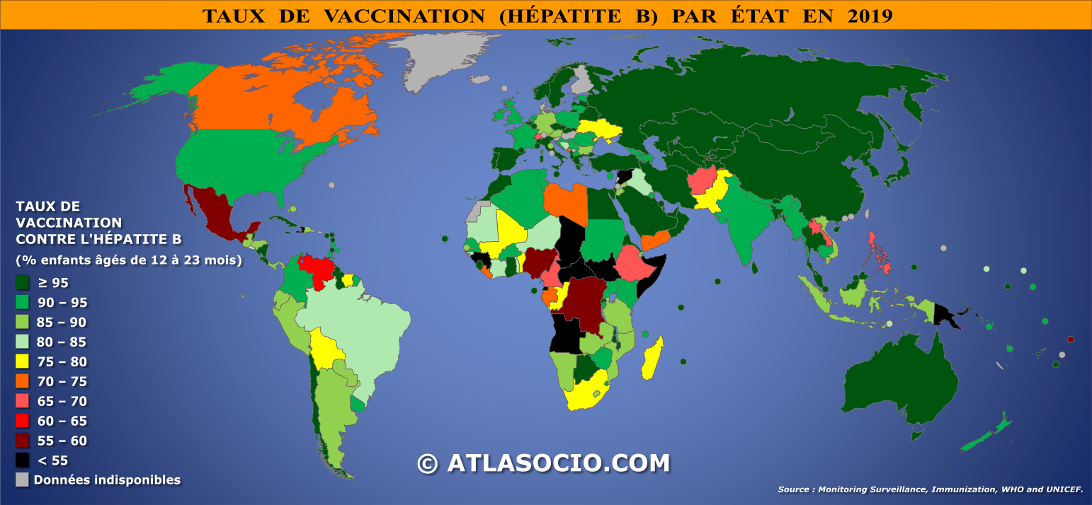 Carte du monde relative au taux de vaccination contre l'hépatite B par État en 2019