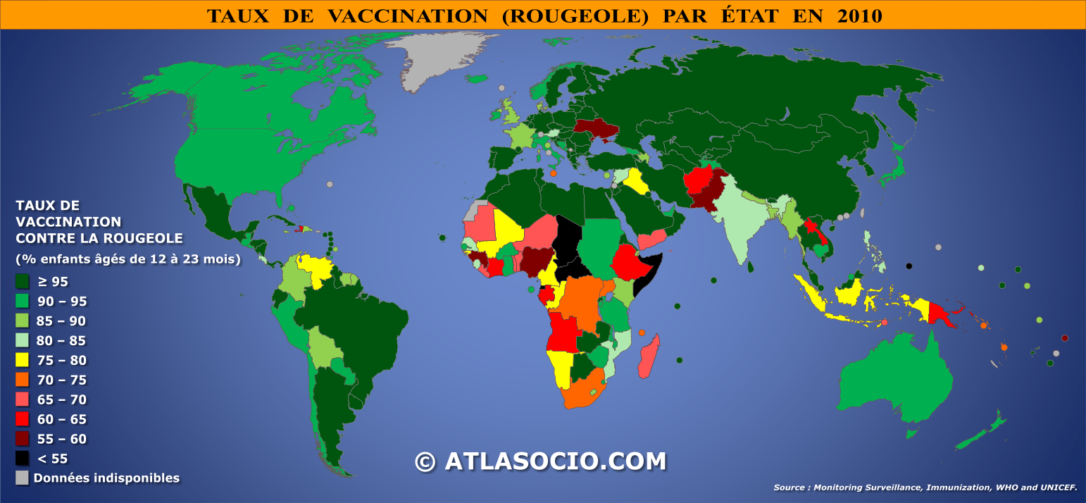 Carte du monde relative au taux de vaccination contre la rougeole par État en 2010