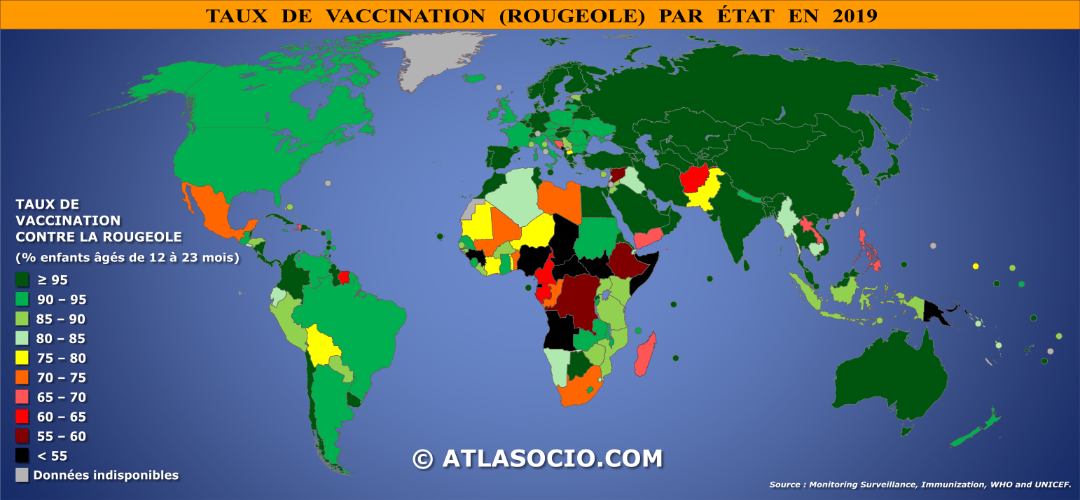 Carte du monde relative au taux de vaccination contre la rougeole par État en 2019