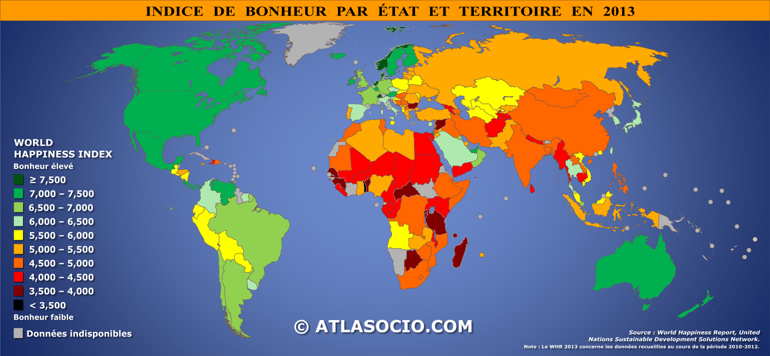 Carte du monde relative à l'indice de bonheur par État en 2013