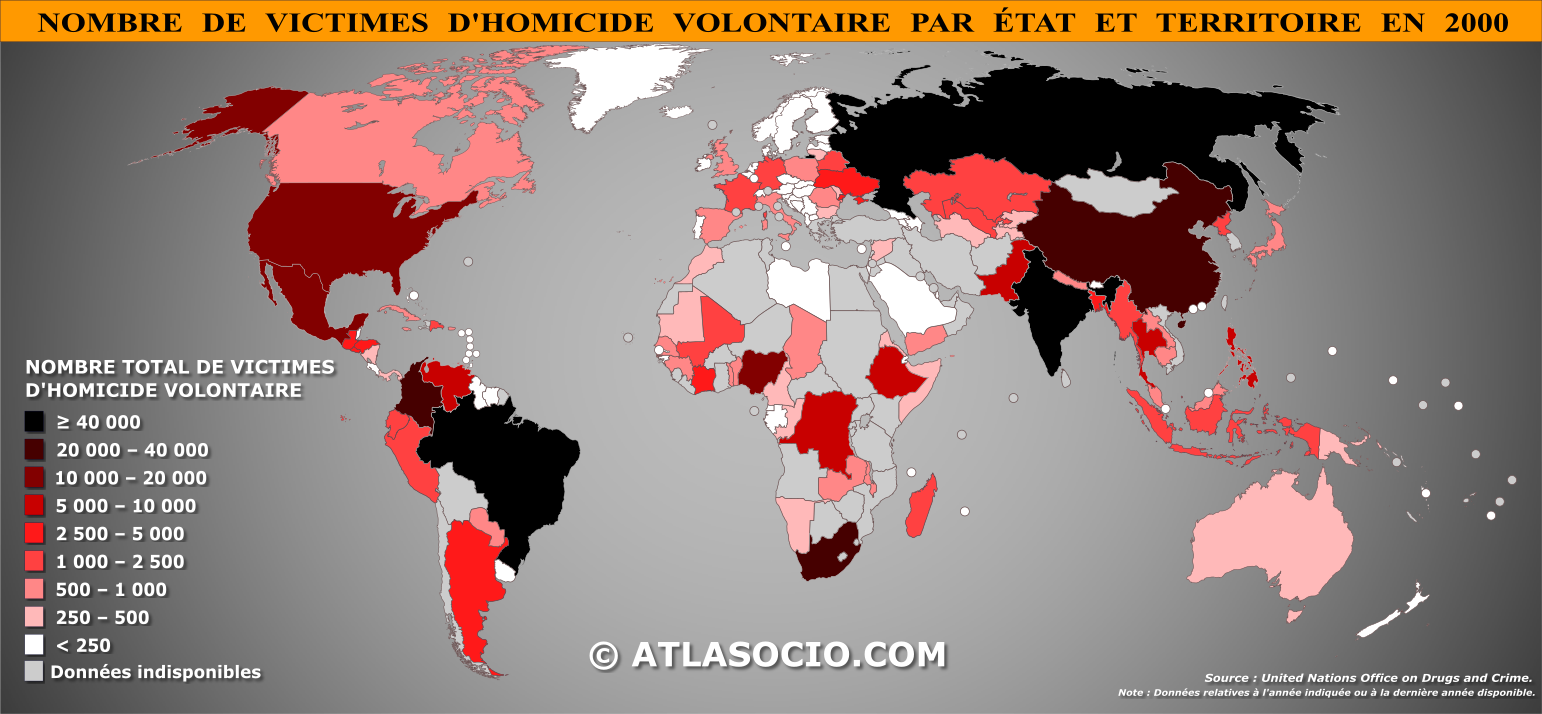Carte du monde relative au nombre de victimes d'homicide volontaire par État en 2000