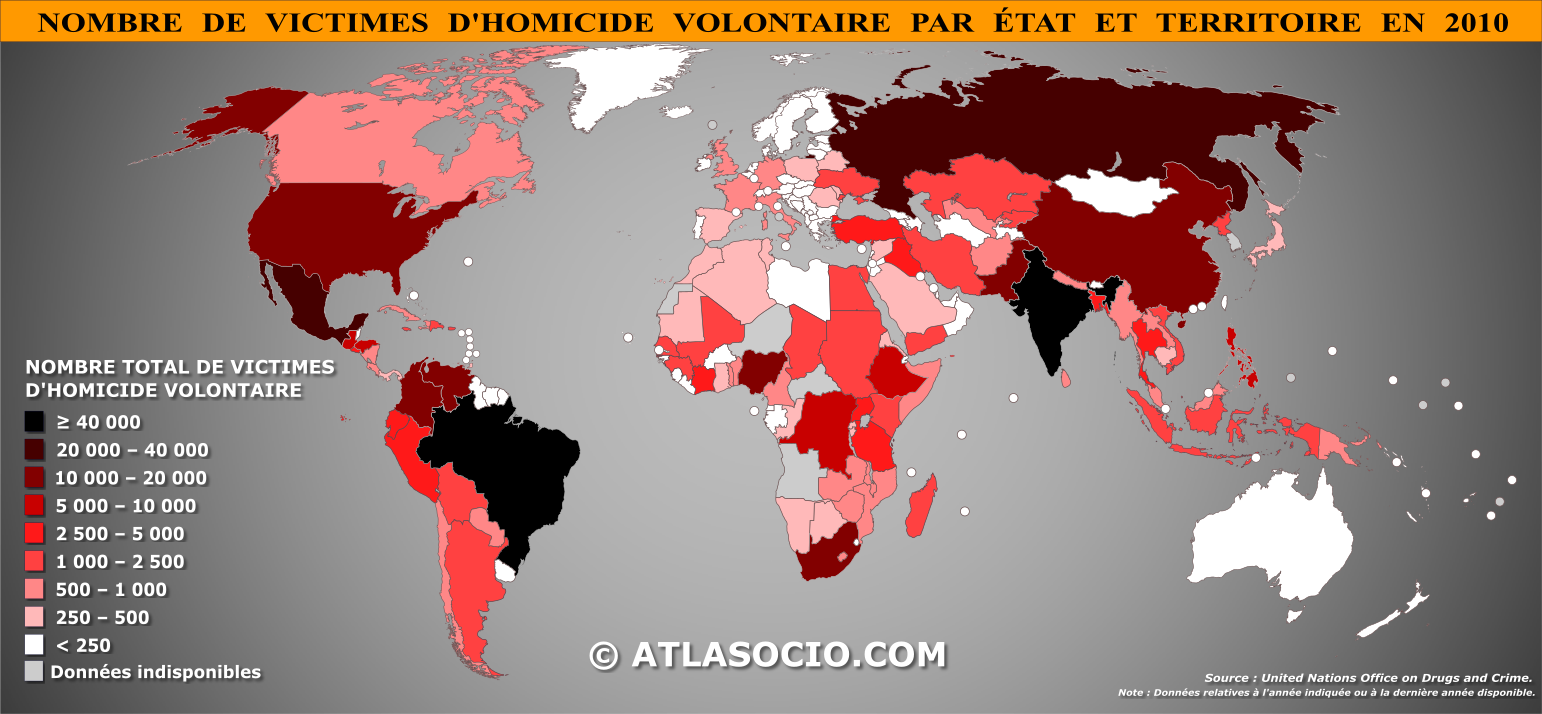 Carte du monde relative au nombre de victimes d'homicide volontaire par État en 2010