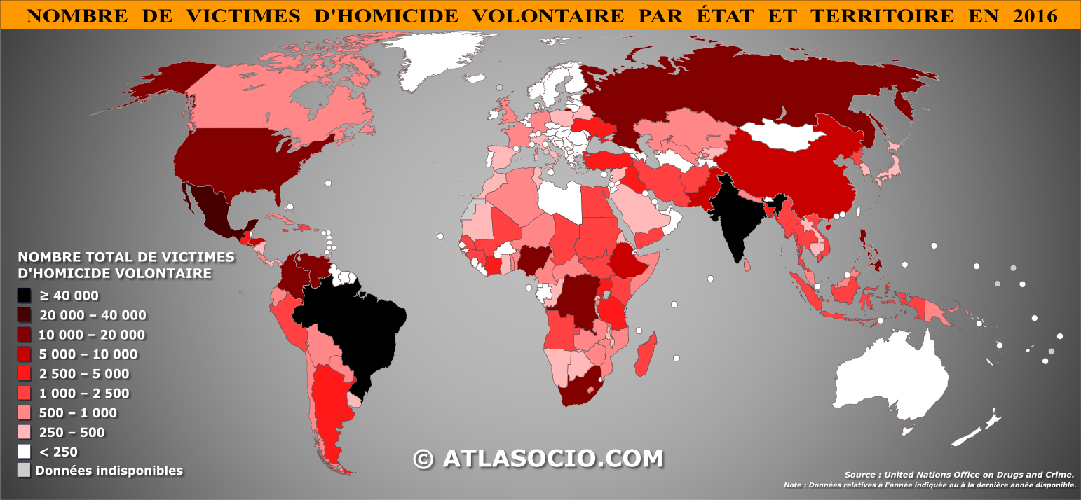 Carte du monde relative au nombre de victimes d'homicide volontaire par État en 2016