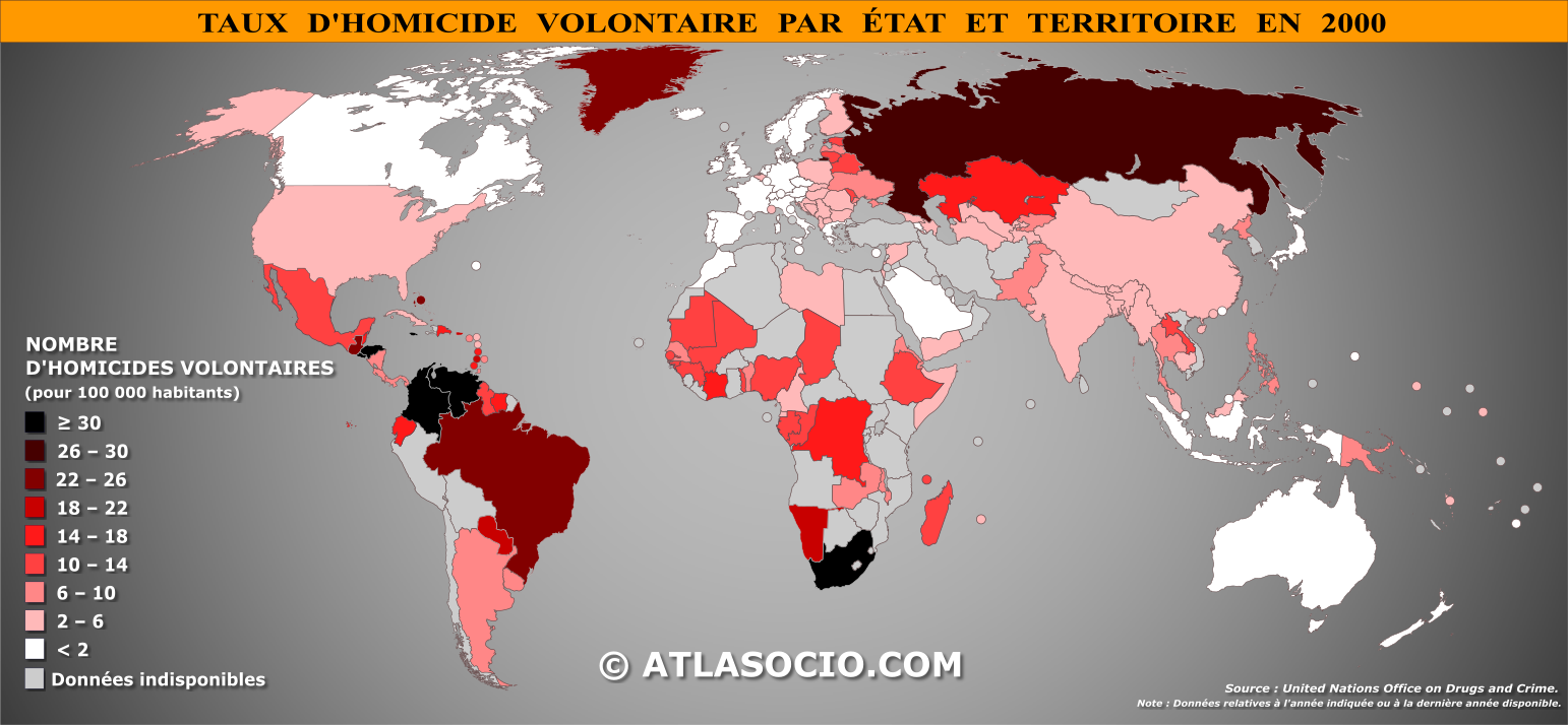 Carte du monde relative au taux d'homicide volontaire par État en 2000