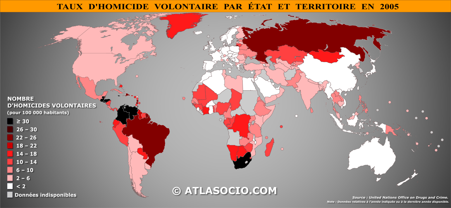 Carte du monde relative au taux d'homicide volontaire par État en 2005