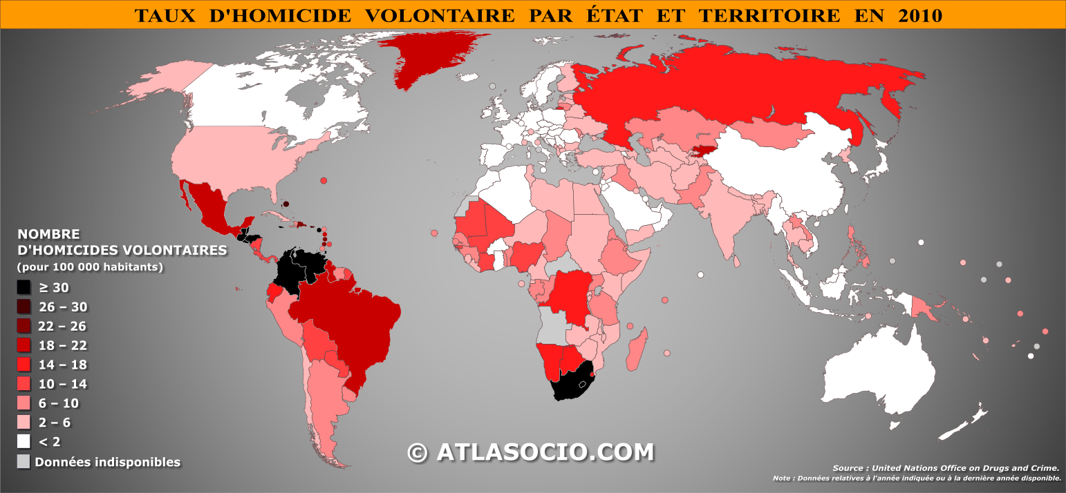 Carte du monde relative au taux d'homicide volontaire par État en 2010