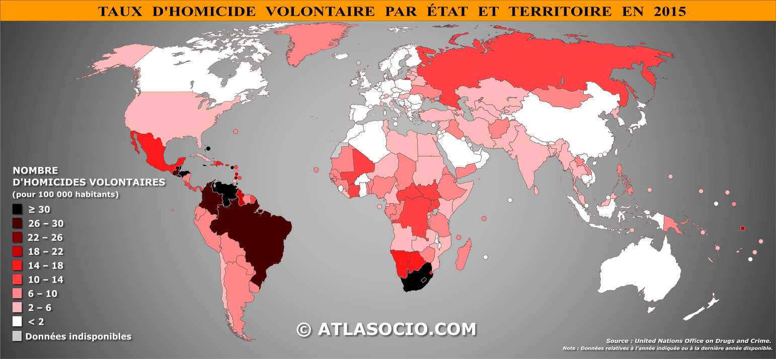 Carte du monde relative au taux d'homicide volontaire par État en 2015