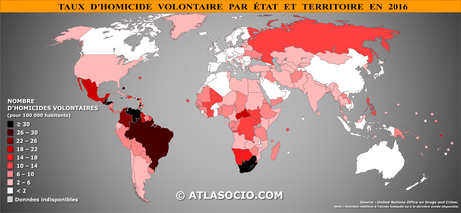 Carte du monde relative au taux d'homicide volontaire par État en 2016