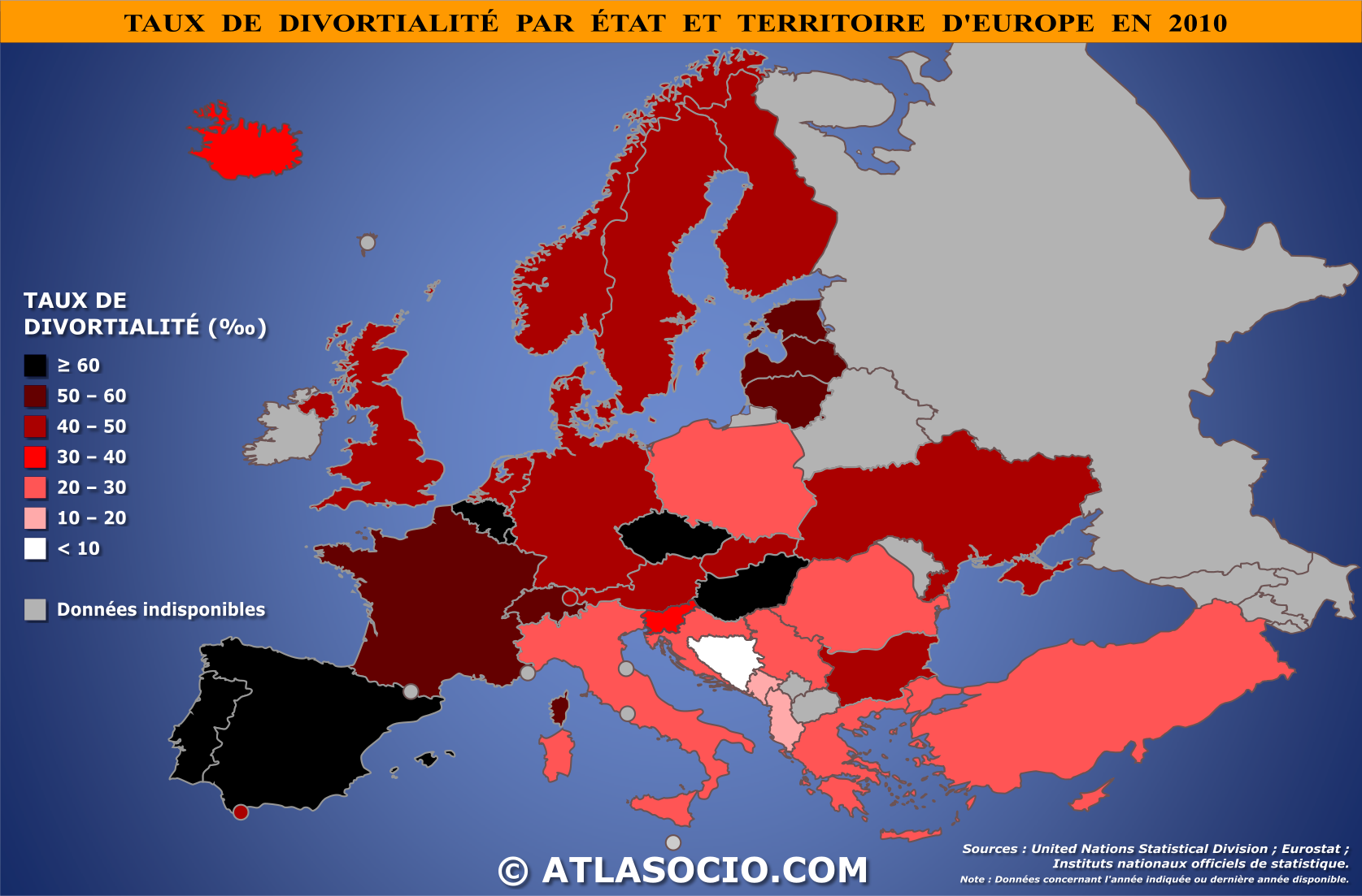 Carte d'Europe relative au taux de divortialité par État en 2010