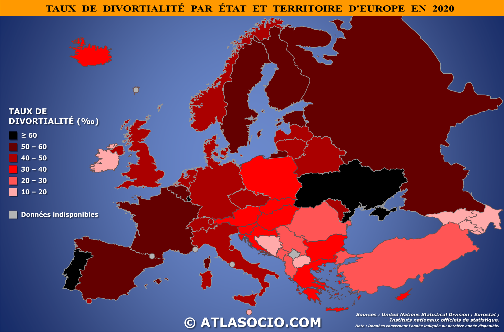 Carte d'Europe relative au taux de divortialité par État en 2020