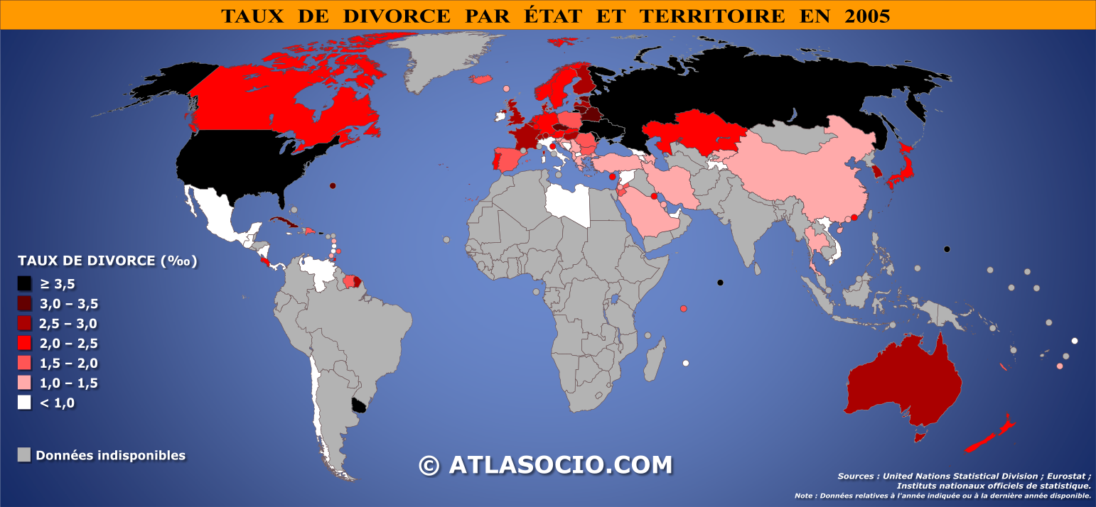 Carte du monde relative au taux de divorce par État en 2005