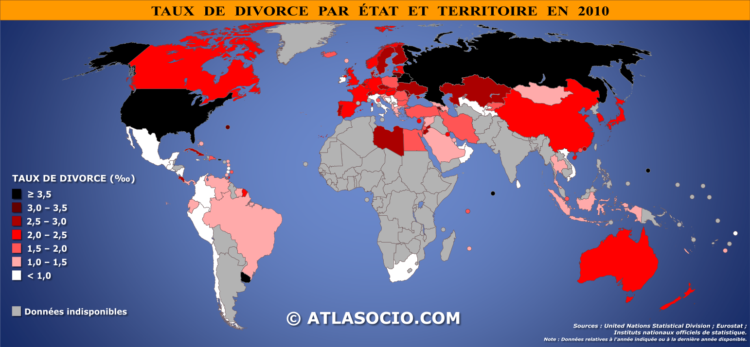 Carte du monde relative au taux de divorce par État en 2010